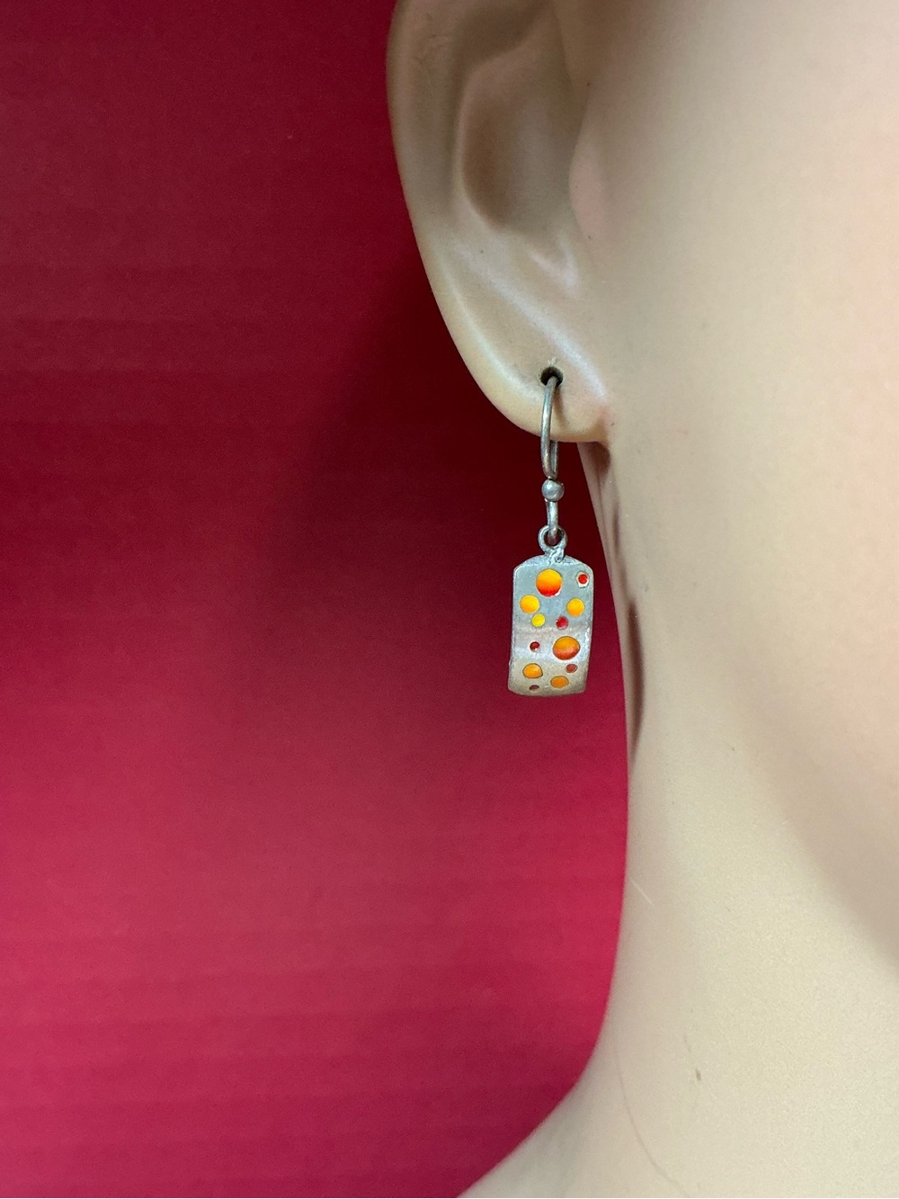 Silver Drop Earrings with Bright Orange Dot Inlay